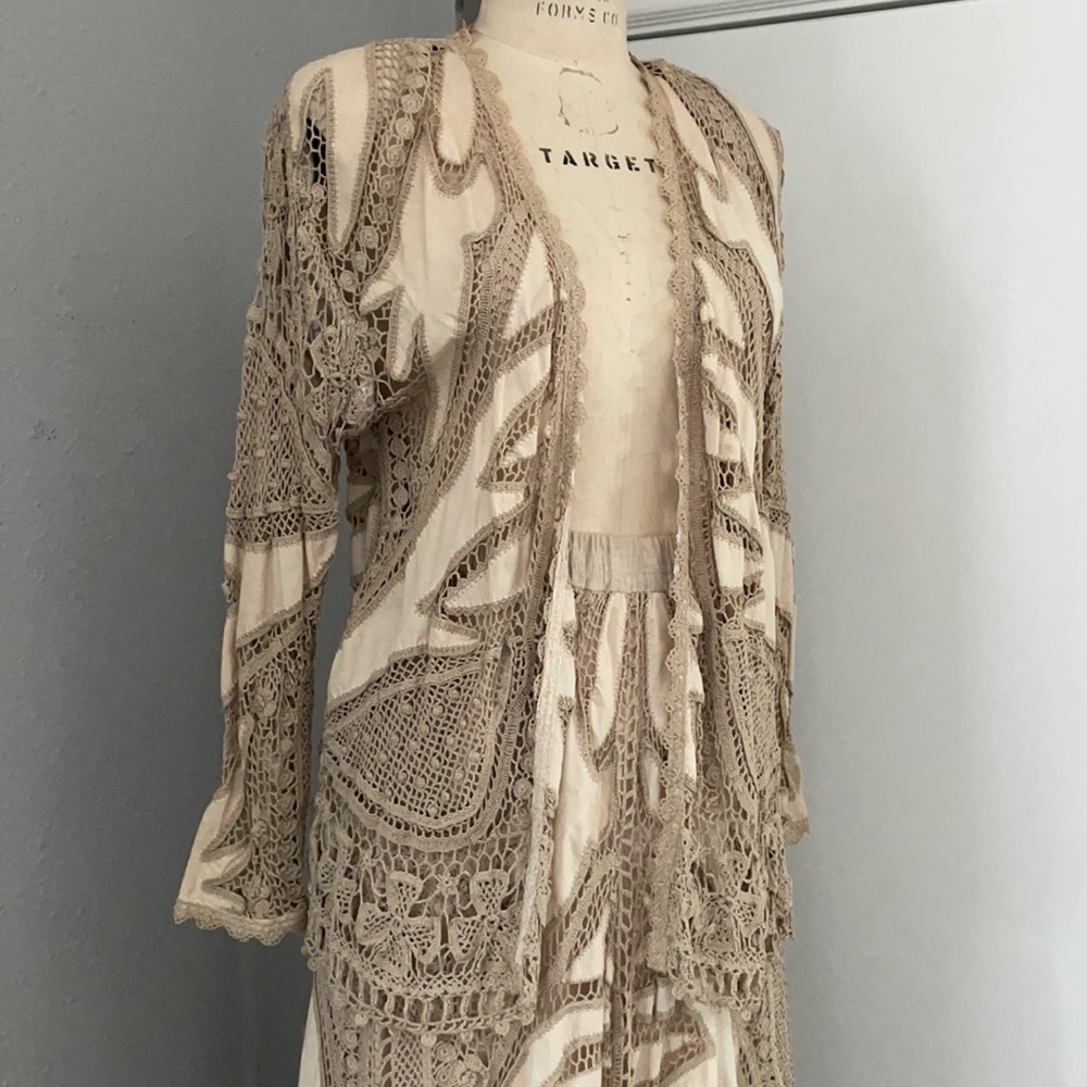 Boho Crochet Lace Duster Cardigan Kimono Neutral Beige Festival Layering Piece - Picture 2 of 11